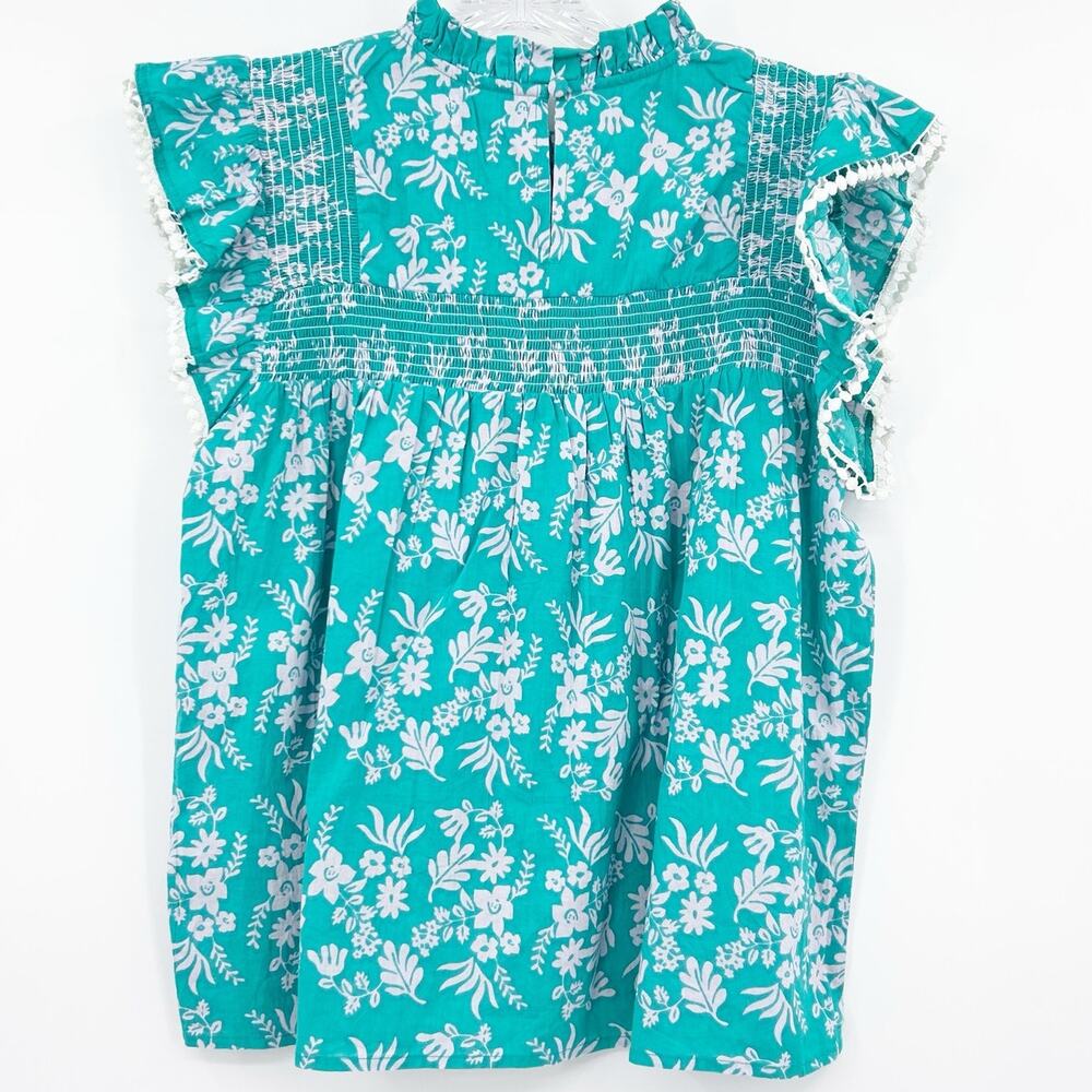 THML Teal Gray Lavender Floral Smocked Ruffle Sleeve Cotton Top Size Small - Picture 9 of 12